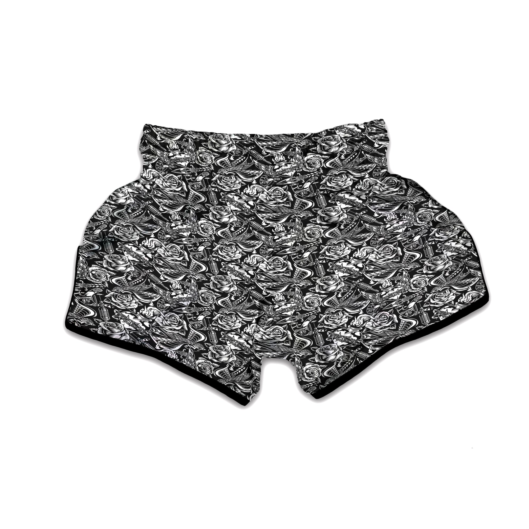 Black And White Oldschool Tattoo Print Pattern Muay Thai Boxing Shorts-grizzshop