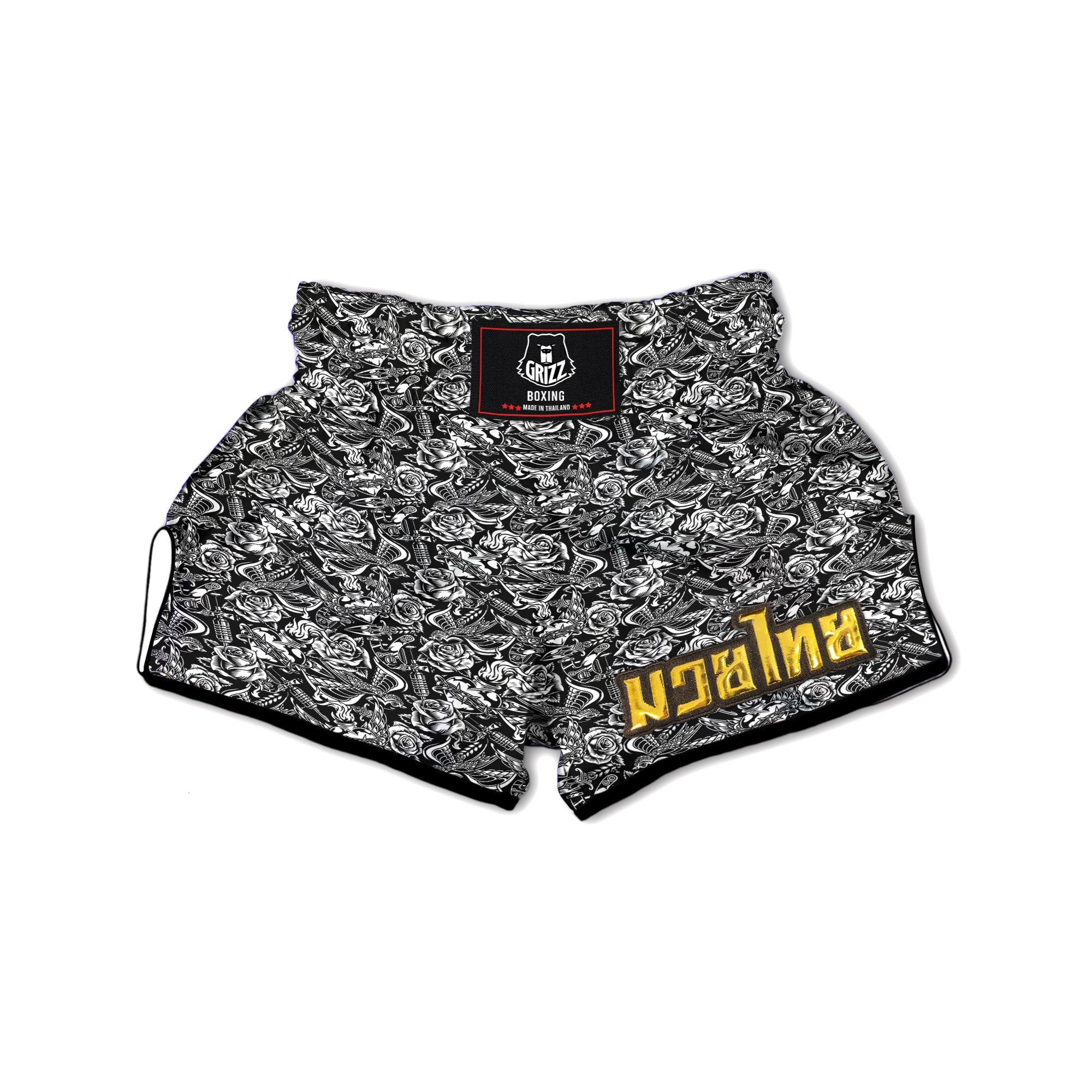 Black And White Oldschool Tattoo Print Pattern Muay Thai Boxing Shorts-grizzshop