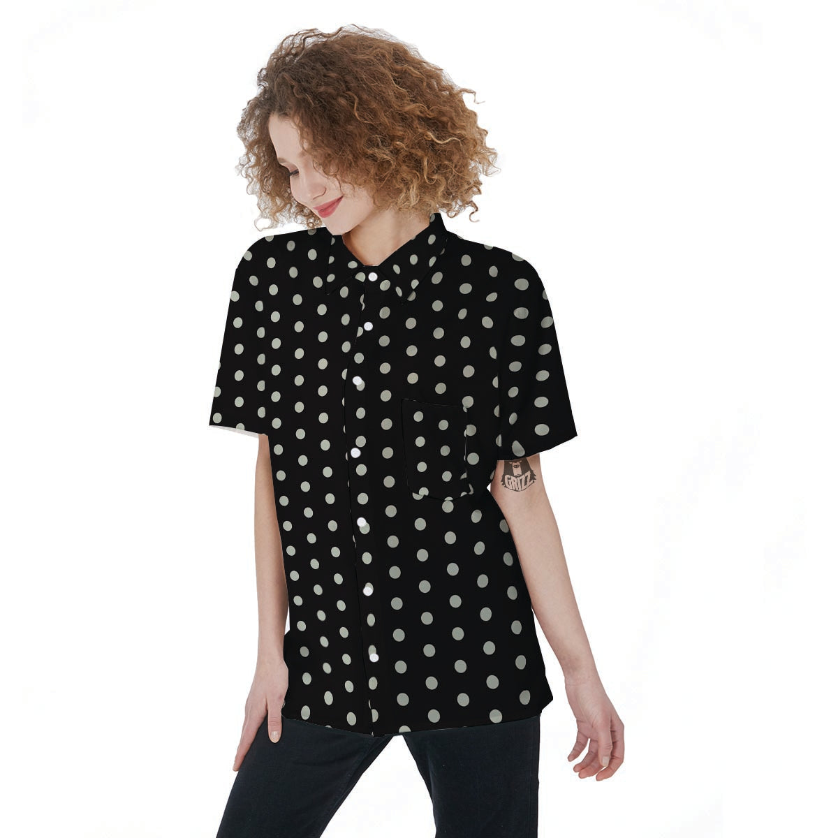 Black And White Polka Dot Women's Short Sleeve Shirts-grizzshop