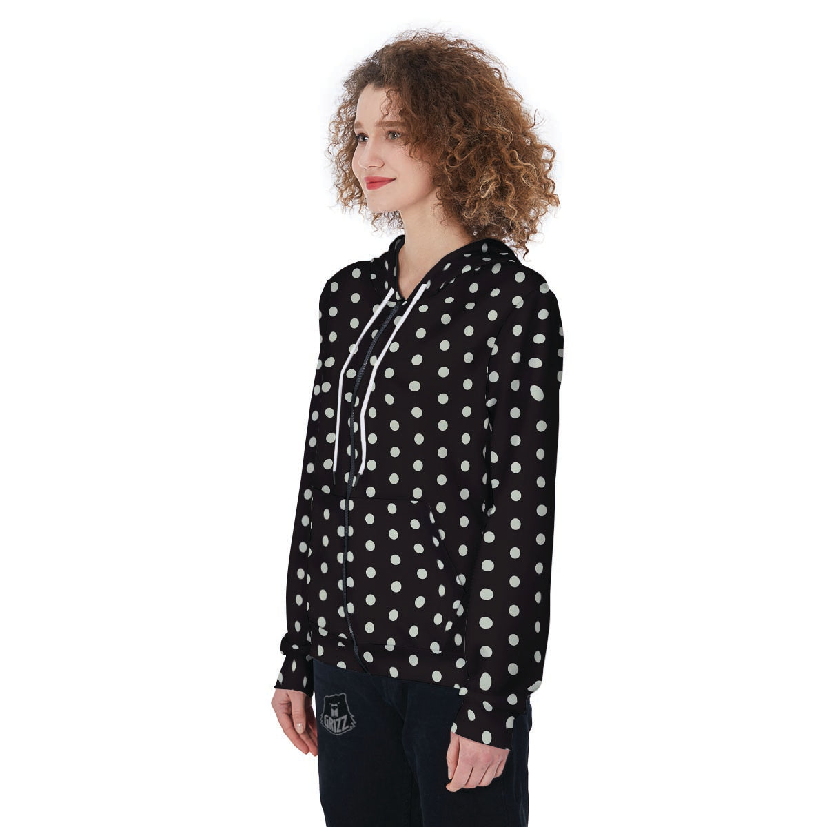 Black And White Polka Dot Women's Zip Up Hoodie-grizzshop