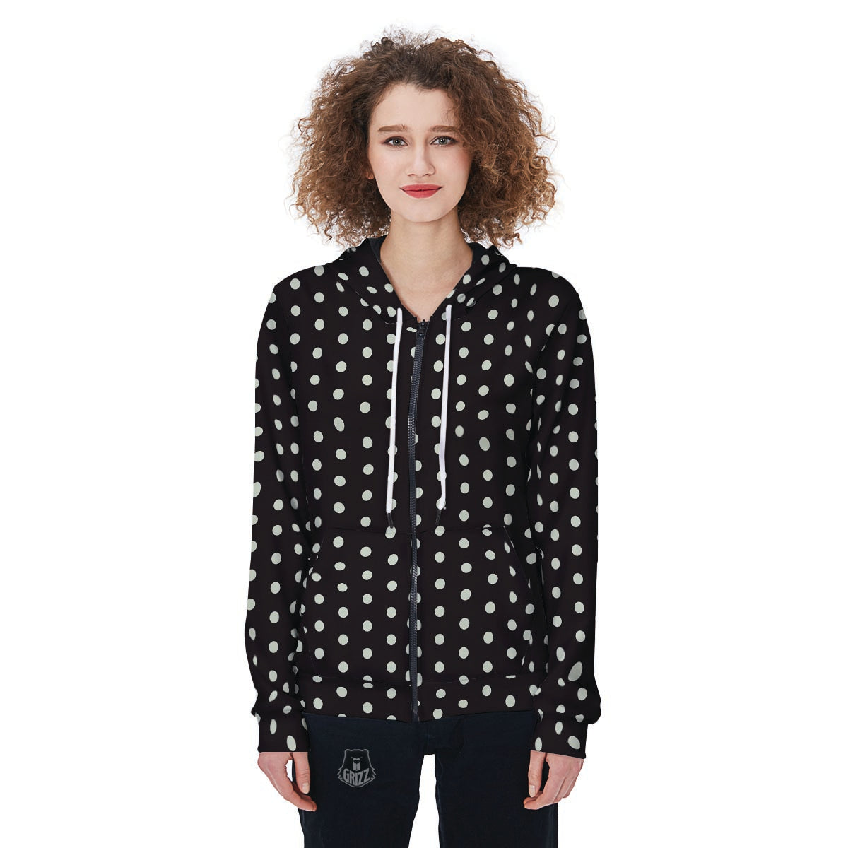 Black And White Polka Dot Women's Zip Up Hoodie-grizzshop