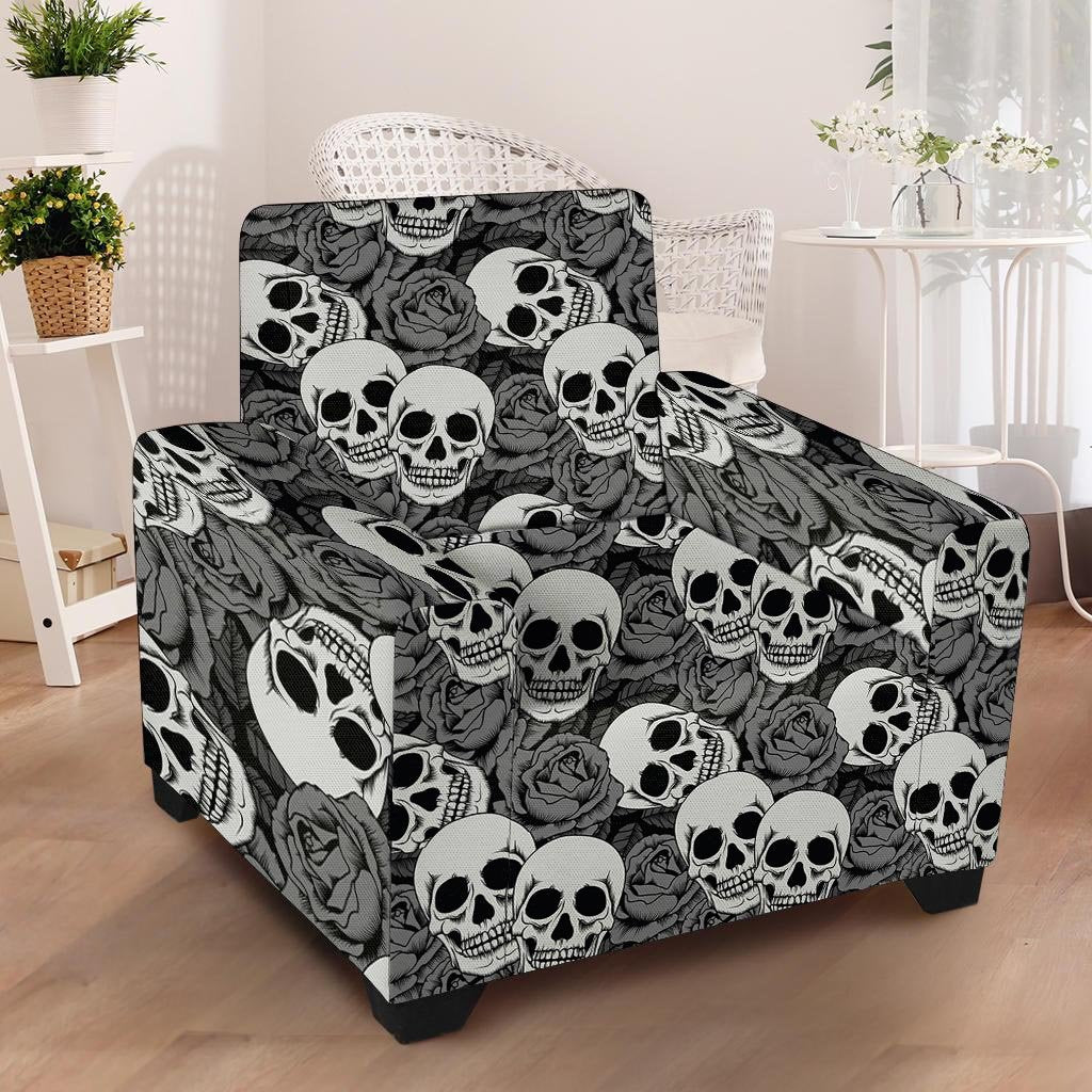 Black And White Rose Floral Skull Armchair Cover-grizzshop