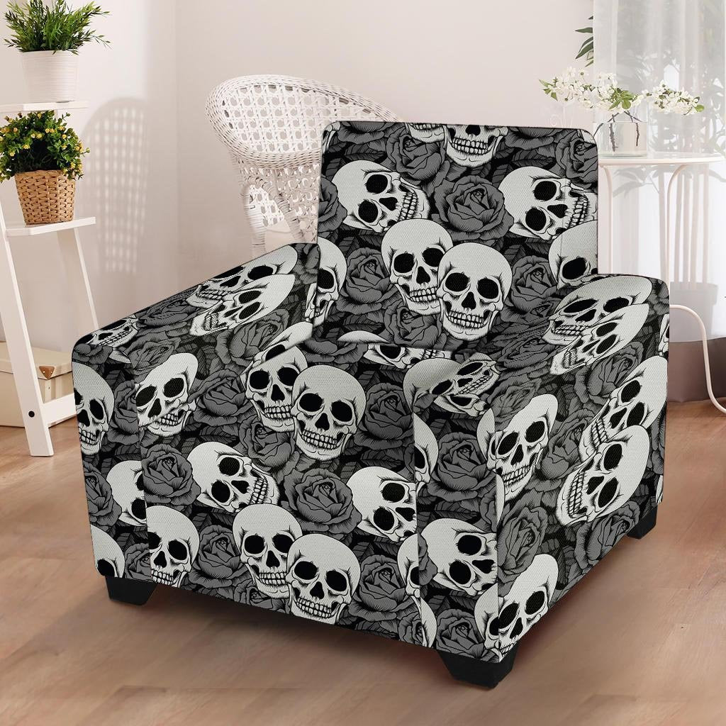 Black And White Rose Floral Skull Armchair Cover-grizzshop