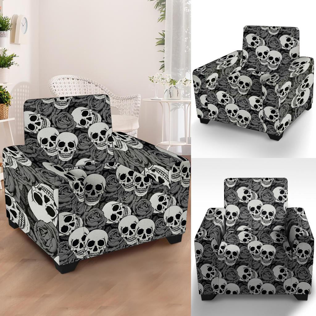 Black And White Rose Floral Skull Armchair Cover-grizzshop