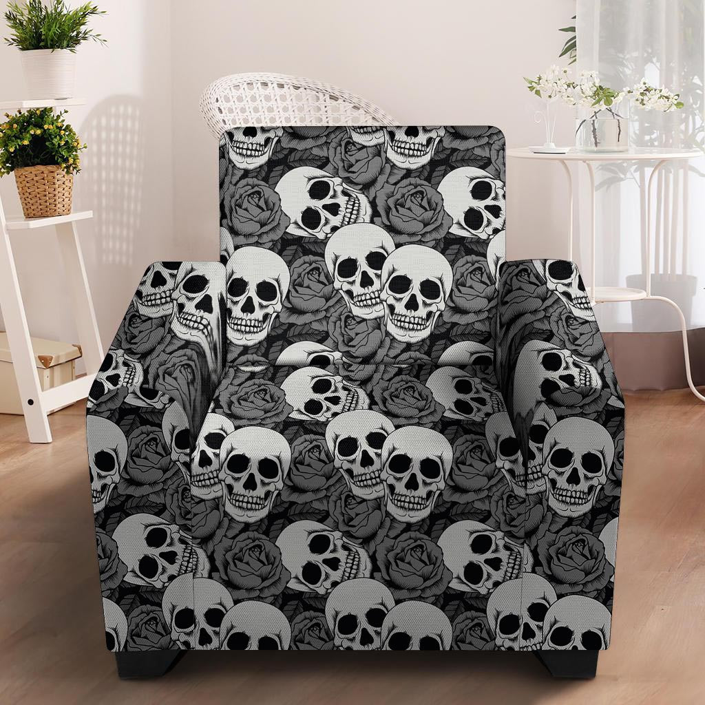 Black And White Rose Floral Skull Armchair Cover-grizzshop