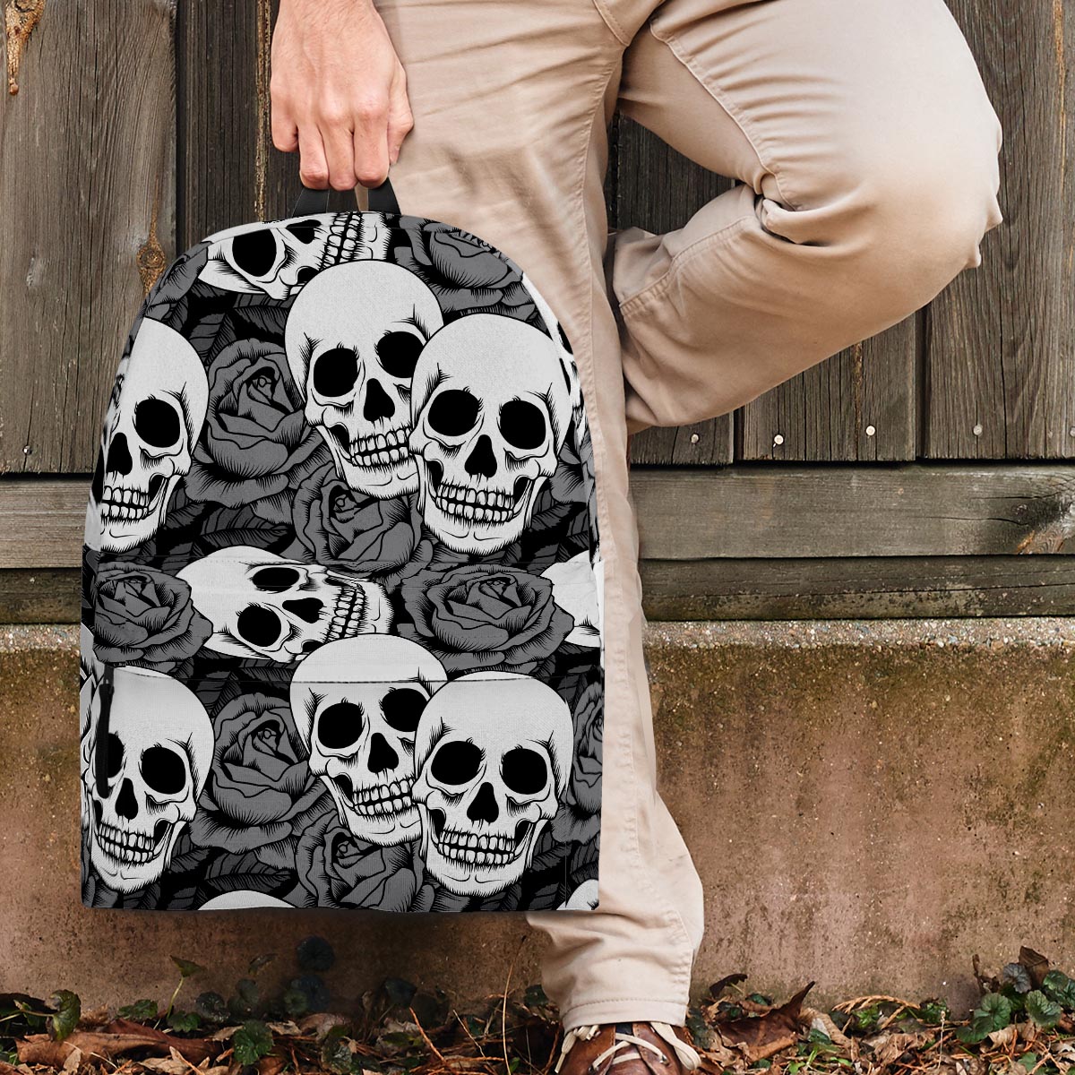 Black And White Rose Floral Skull Backpack-grizzshop