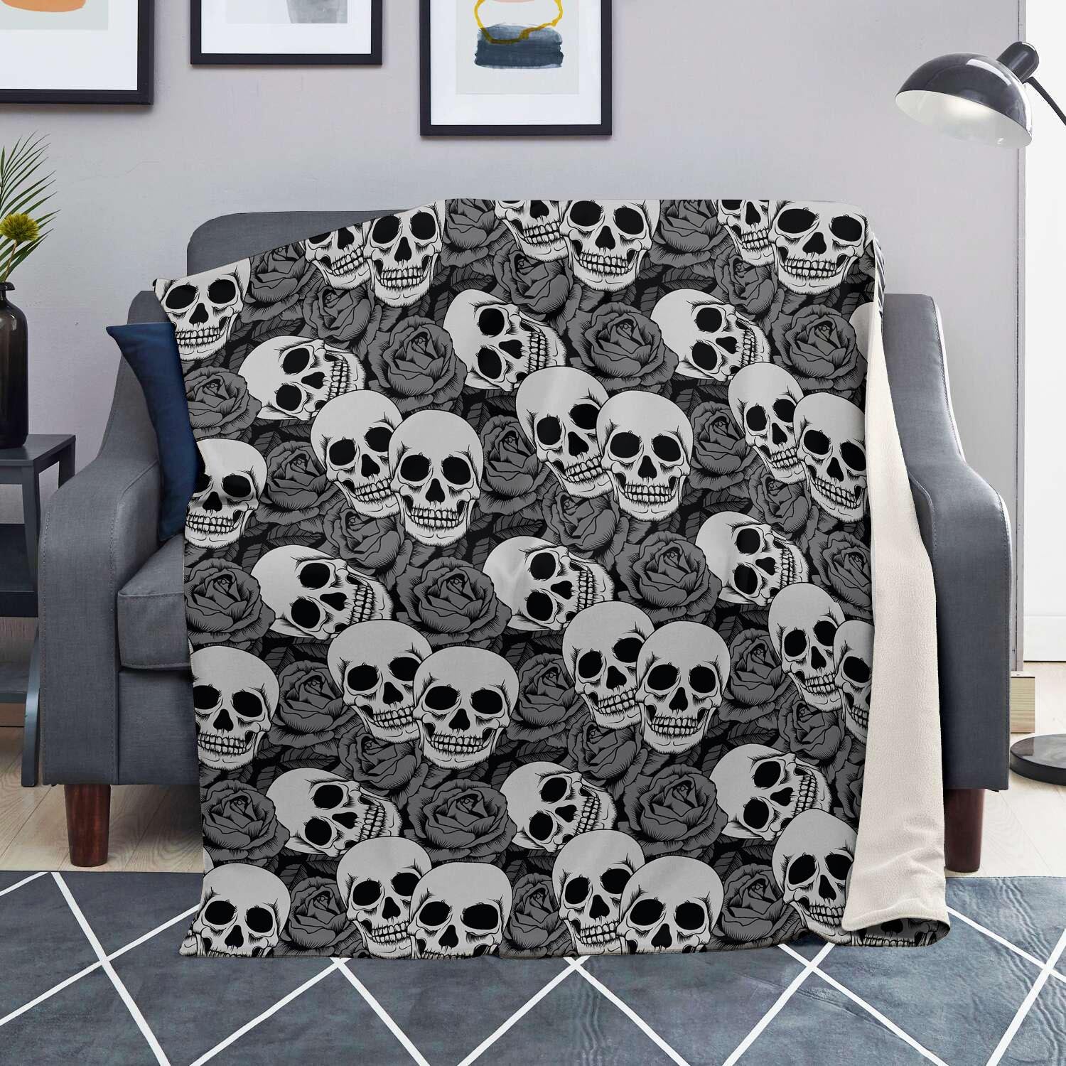 Black And White Rose Floral Skull Blanket-grizzshop