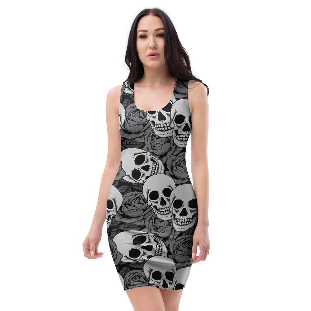 Black And White Rose Floral Skull Bodycon Dress-grizzshop