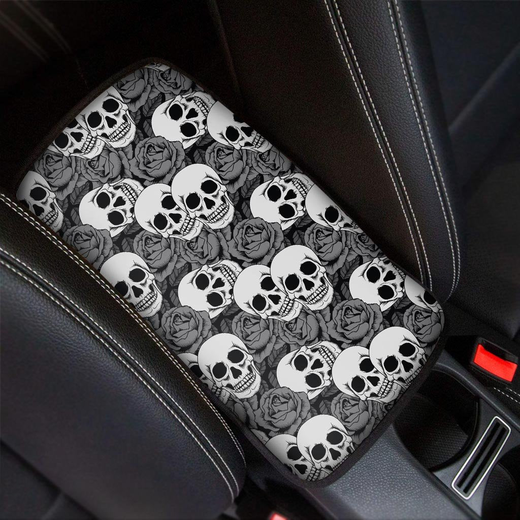 Black And White Rose Floral Skull Car Console Cover-grizzshop