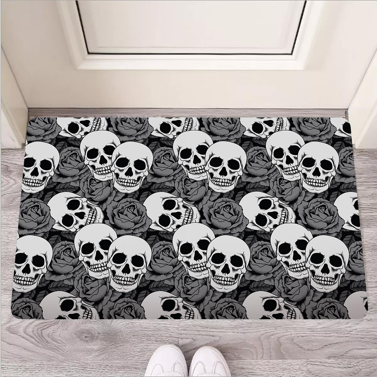 Black And White Rose Floral Skull Door Mat-grizzshop
