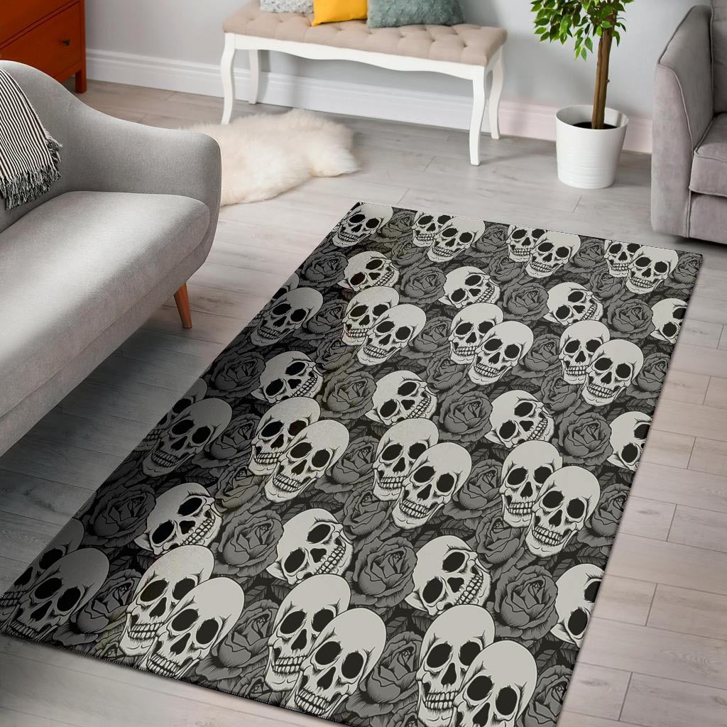 Black And White Rose Floral Skull Floor Mat-grizzshop