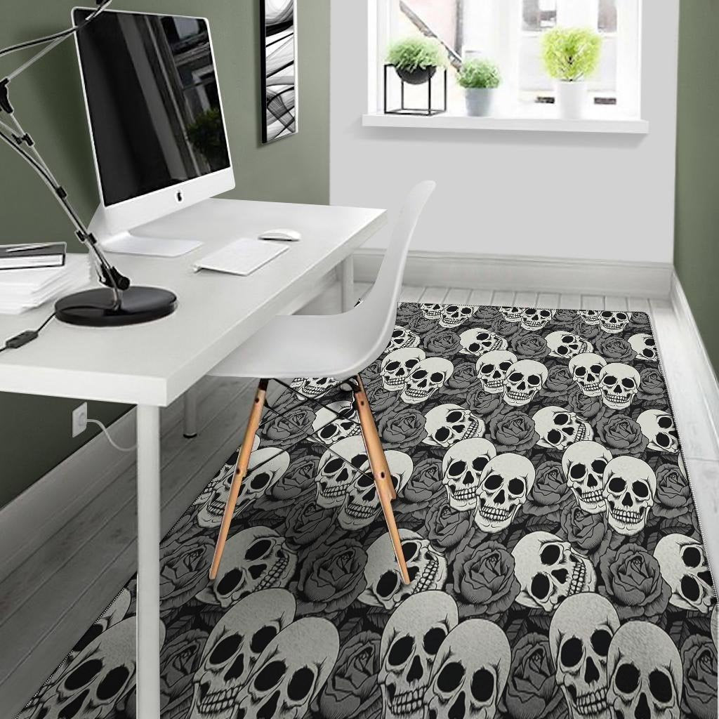 Black And White Rose Floral Skull Floor Mat-grizzshop