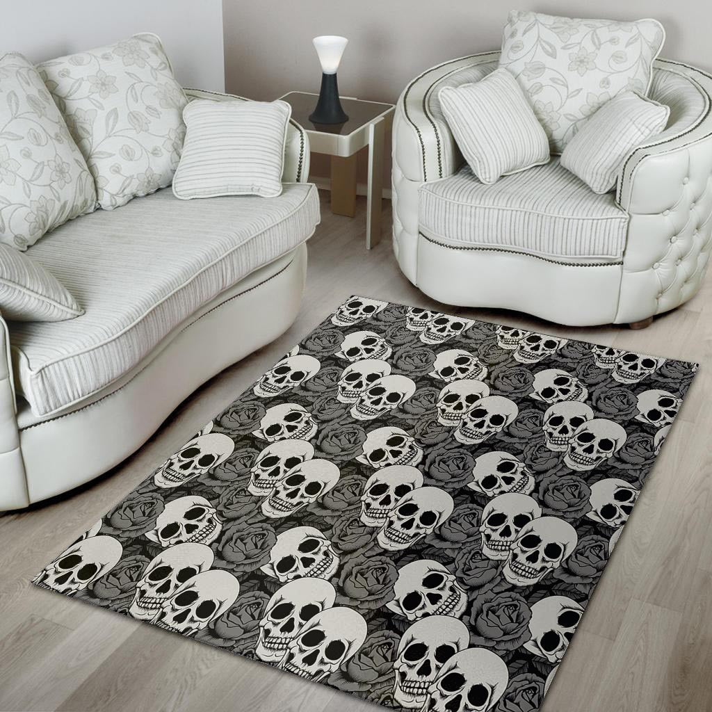 Black And White Rose Floral Skull Floor Mat-grizzshop