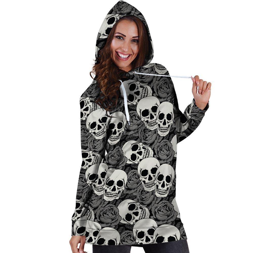 Black And White Rose Floral Skull Hoodie Dress-grizzshop