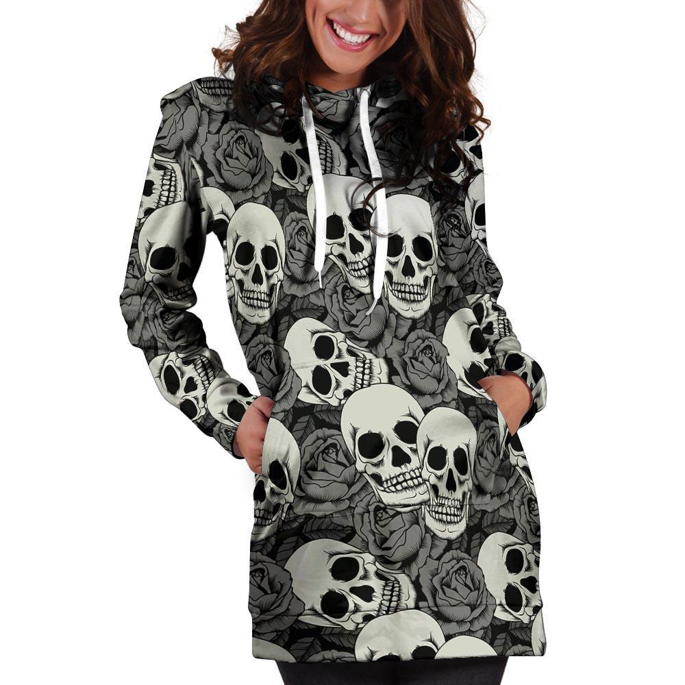 Black And White Rose Floral Skull Hoodie Dress-grizzshop