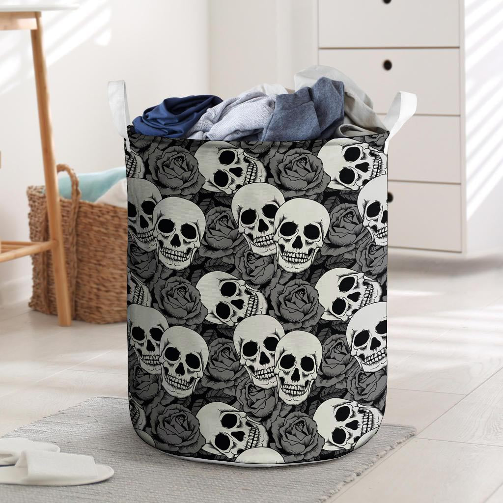 Black And White Rose Floral Skull Laundry Basket-grizzshop