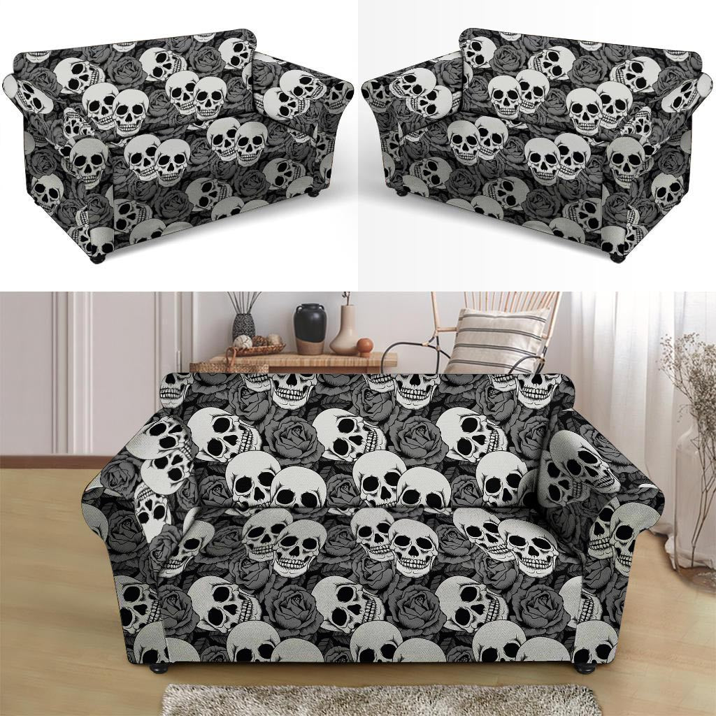 Black And White Rose Floral Skull Loveseat Cover-grizzshop