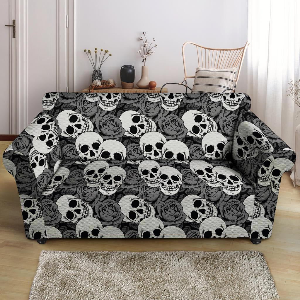 Black And White Rose Floral Skull Loveseat Cover-grizzshop