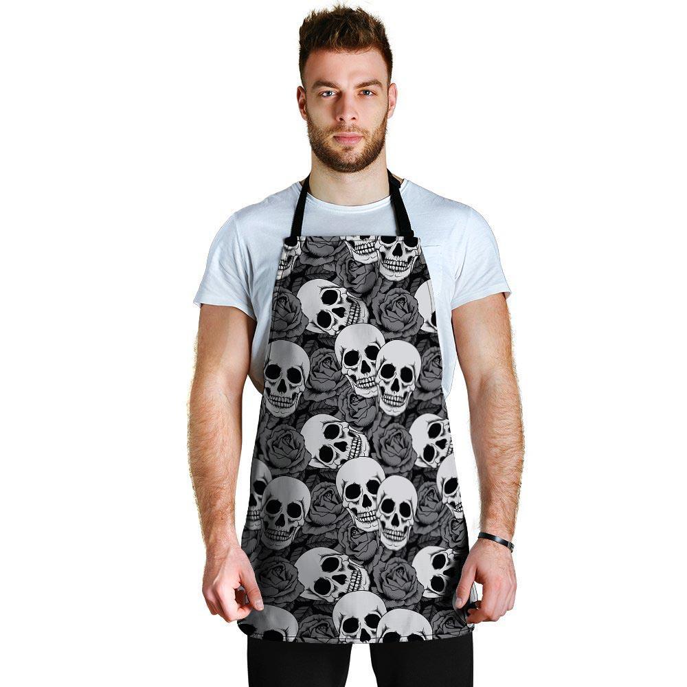 Black And White Rose Floral Skull Men's Apron-grizzshop