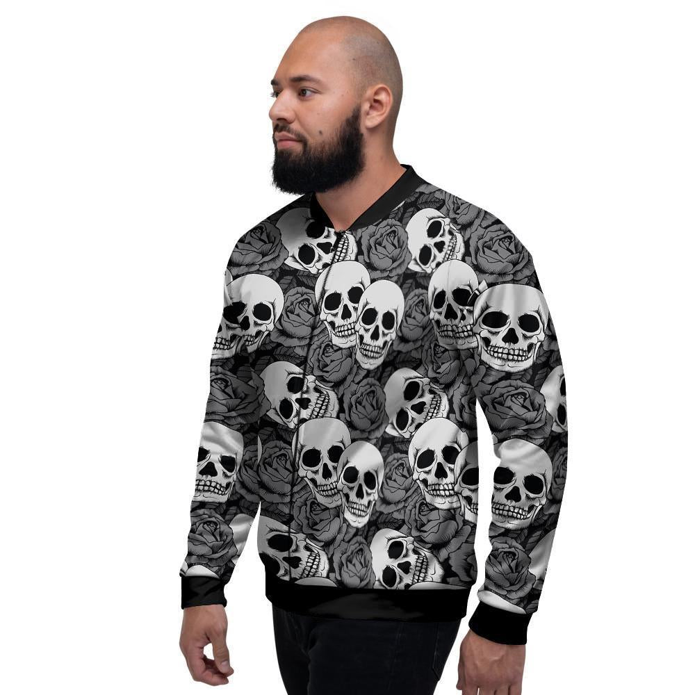 Black And White Rose Floral Skull Men's Bomber Jacket-grizzshop