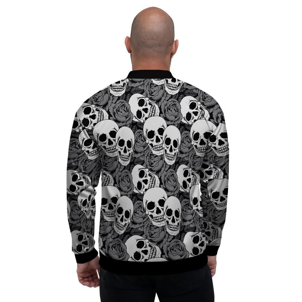 Black And White Rose Floral Skull Men's Bomber Jacket-grizzshop