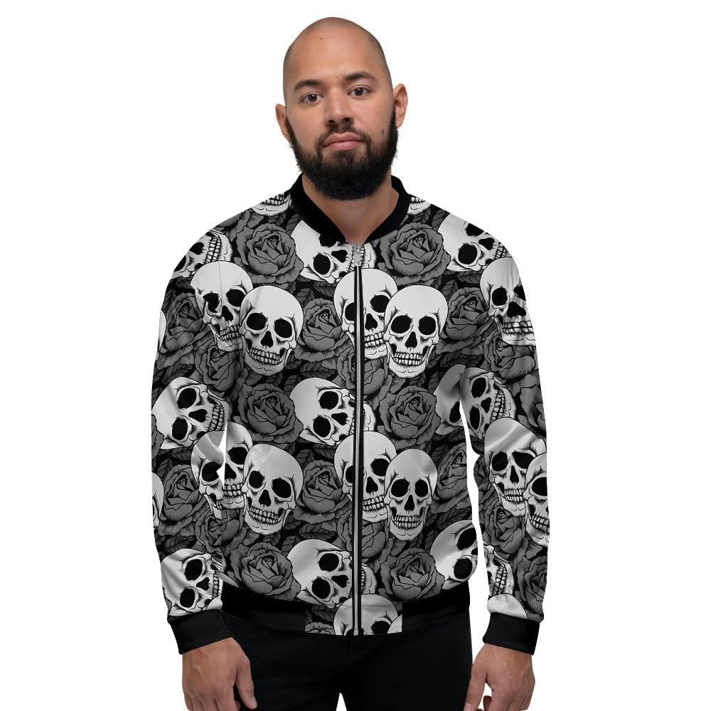 Black And White Rose Floral Skull Men's Bomber Jacket-grizzshop