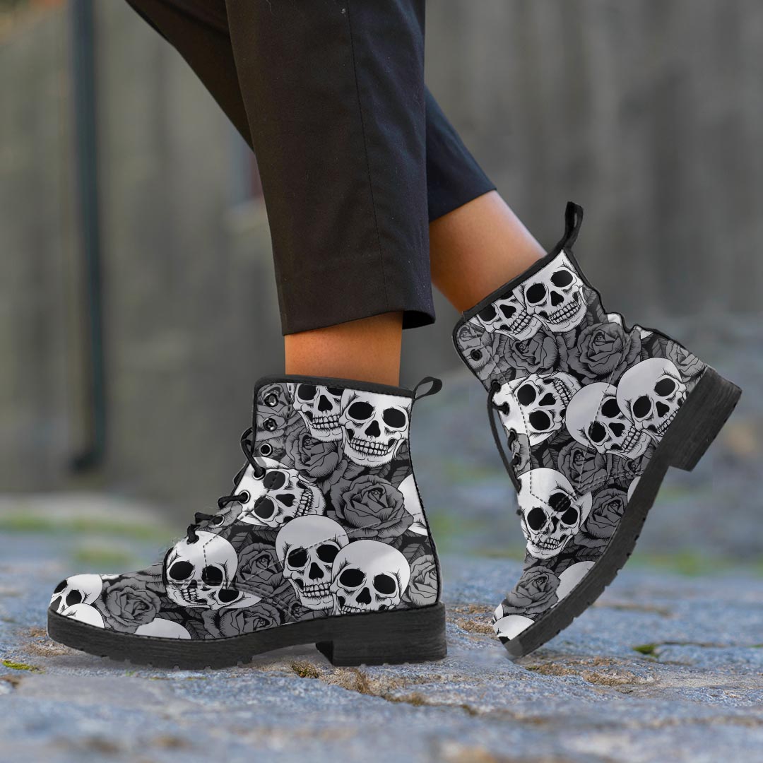 Black And White Rose Floral Skull Men's Boots-grizzshop