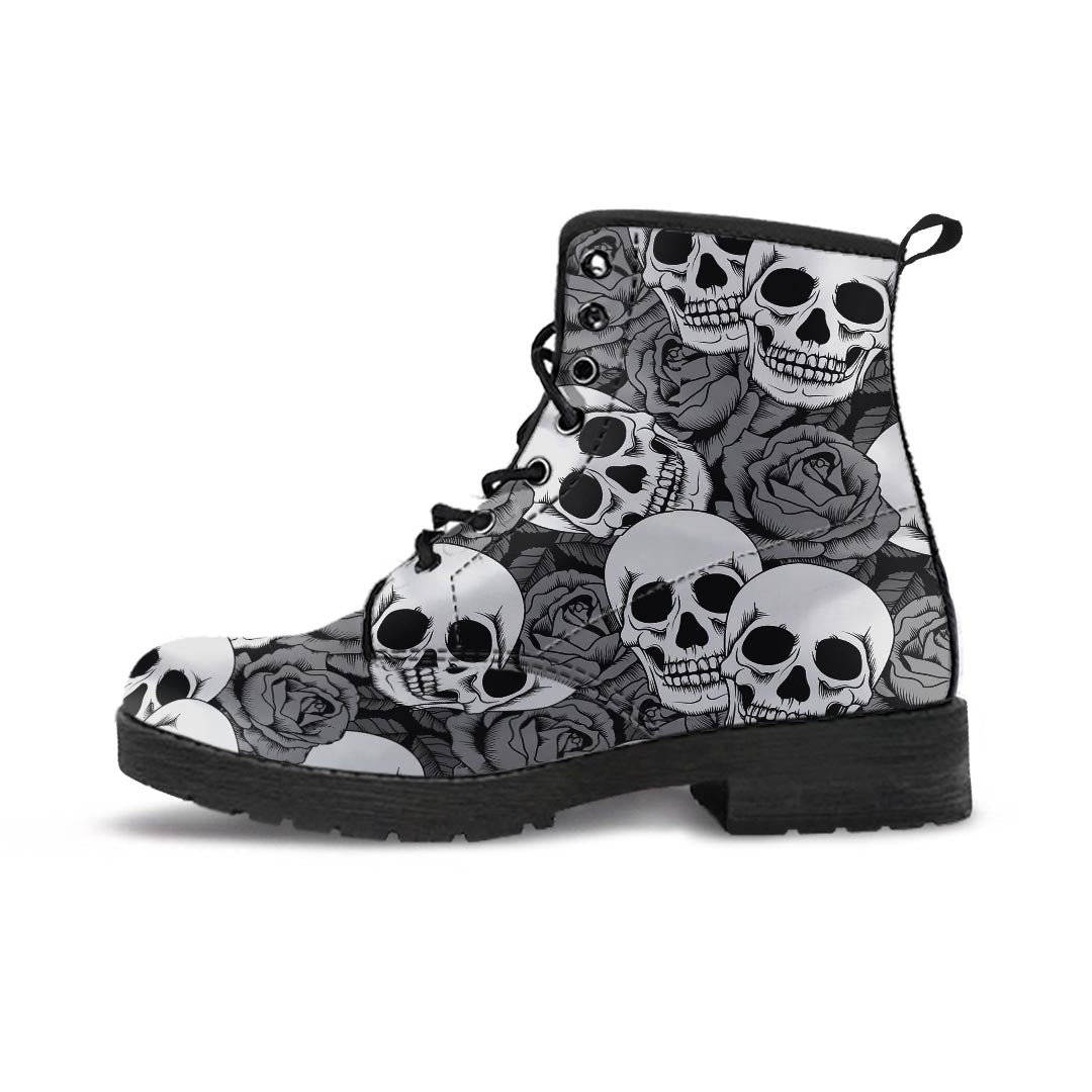 Black And White Rose Floral Skull Men's Boots-grizzshop