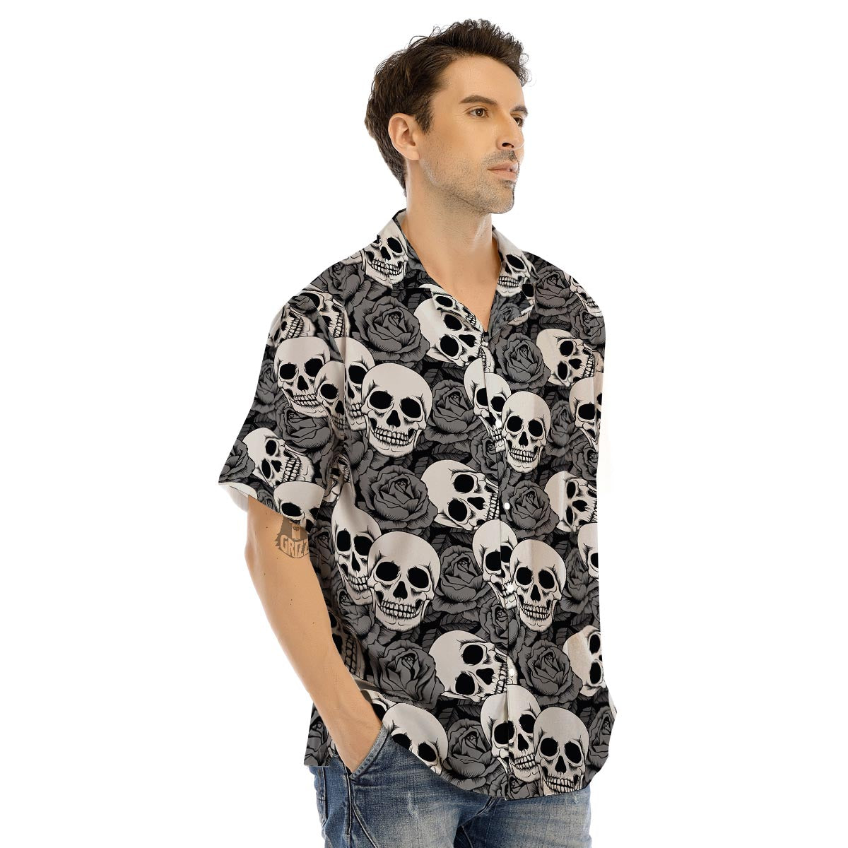 Black And White Rose Floral Skull Men’s Hawaiian Shirt-grizzshop