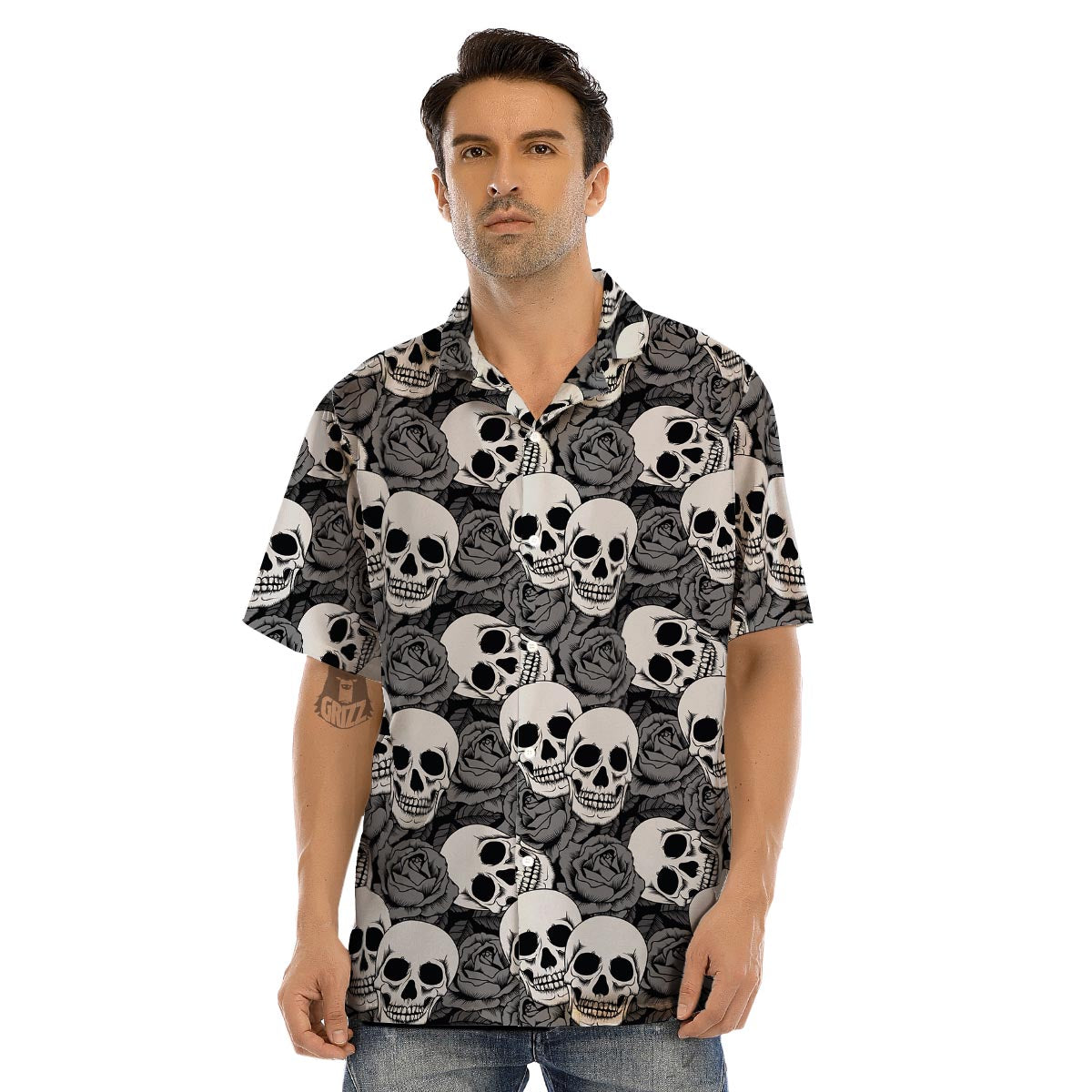 Black And White Rose Floral Skull Men’s Hawaiian Shirt-grizzshop