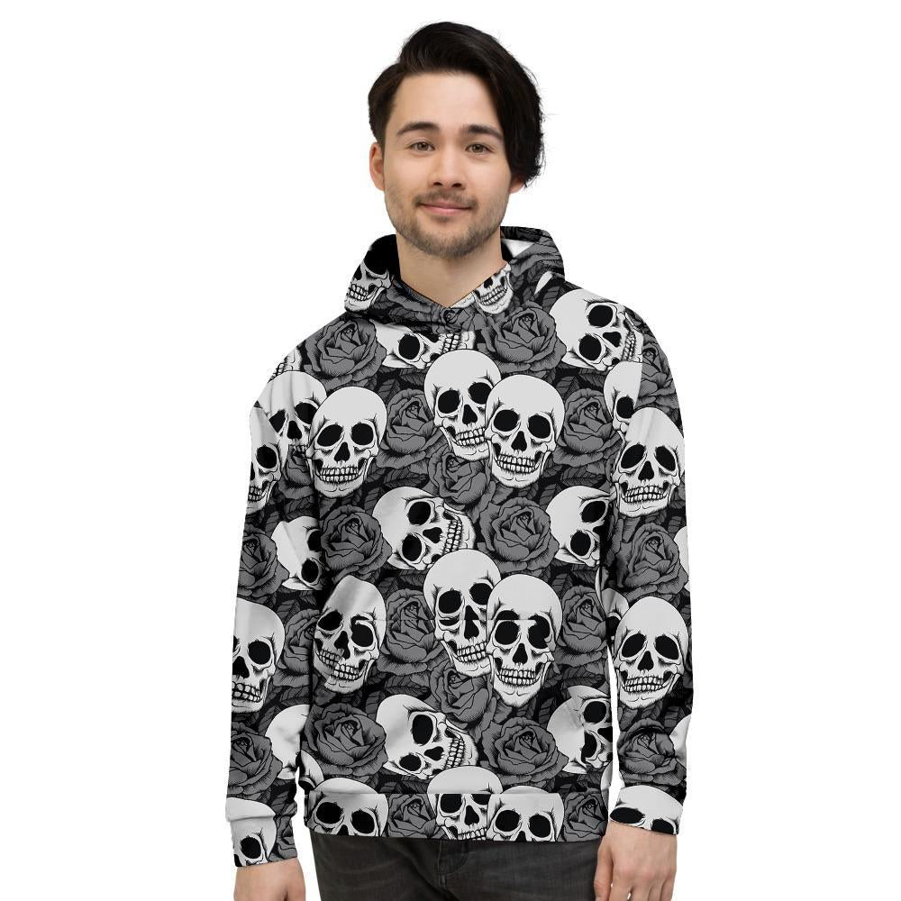 Black And White Rose Floral Skull Men's Hoodie-grizzshop