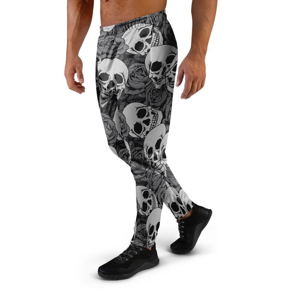 Black And White Rose Floral Skull Men's Joggers-grizzshop