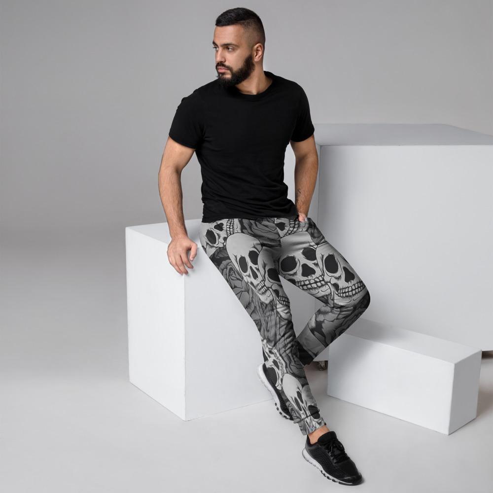 Black And White Rose Floral Skull Men's Joggers-grizzshop