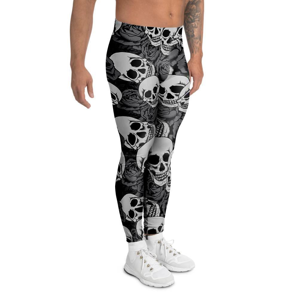 Black And White Rose Floral Skull Men's Leggings-grizzshop