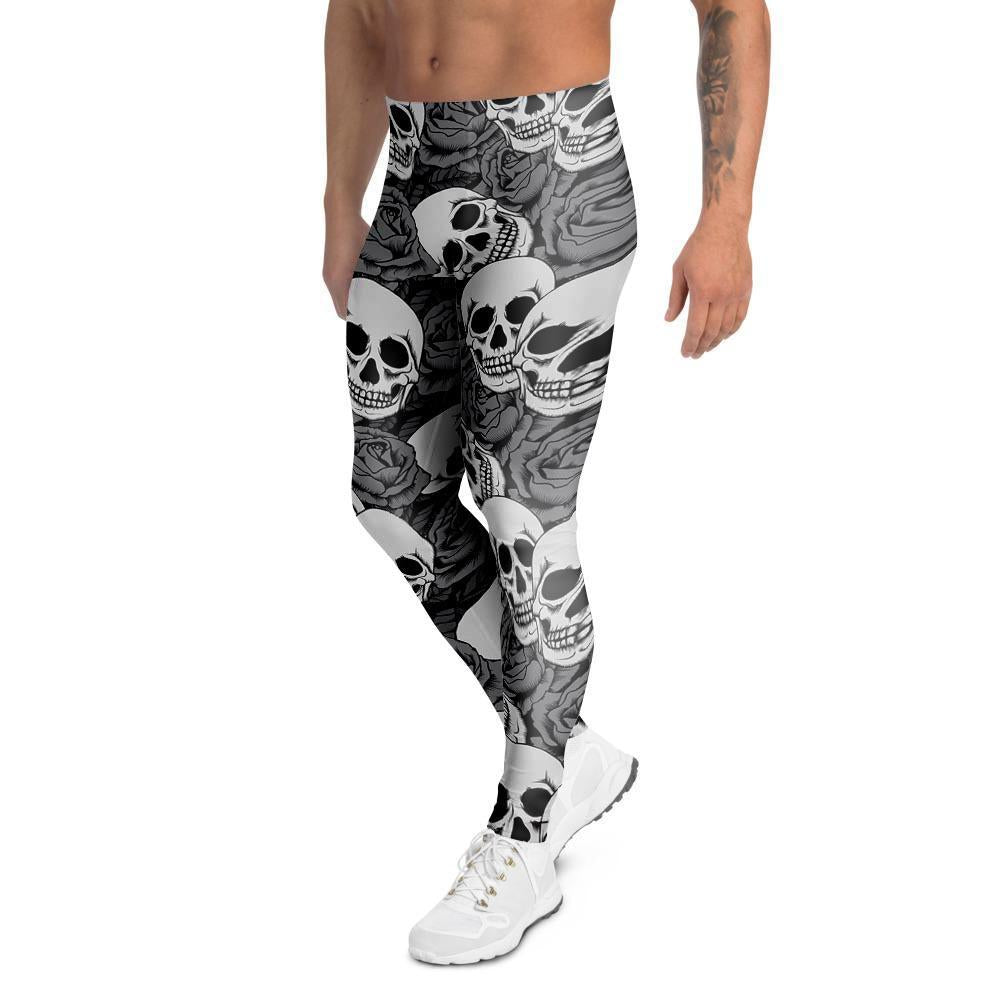 Black And White Rose Floral Skull Men's Leggings-grizzshop