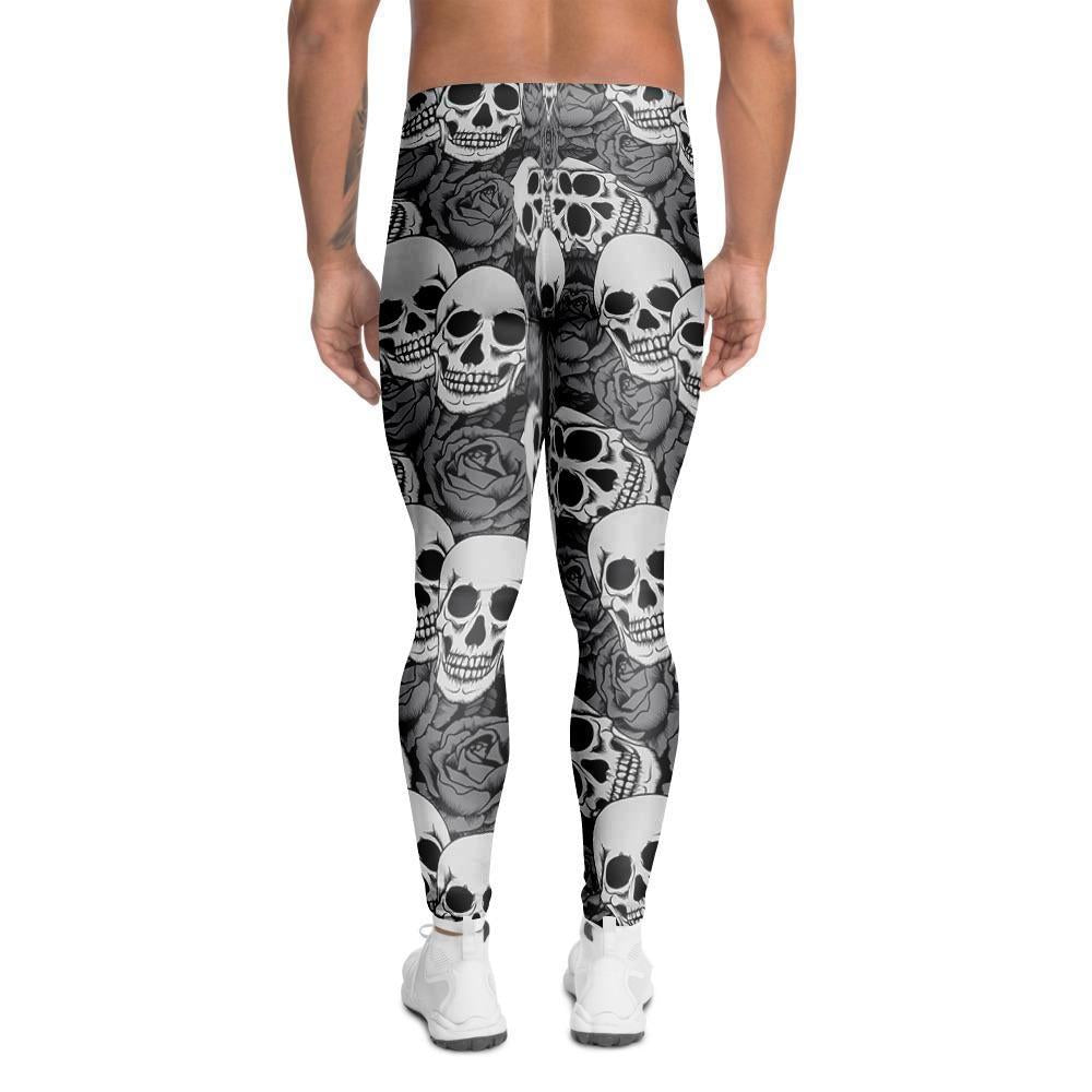 Black And White Rose Floral Skull Men's Leggings-grizzshop