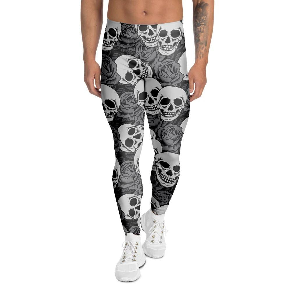 Black And White Rose Floral Skull Men's Leggings-grizzshop