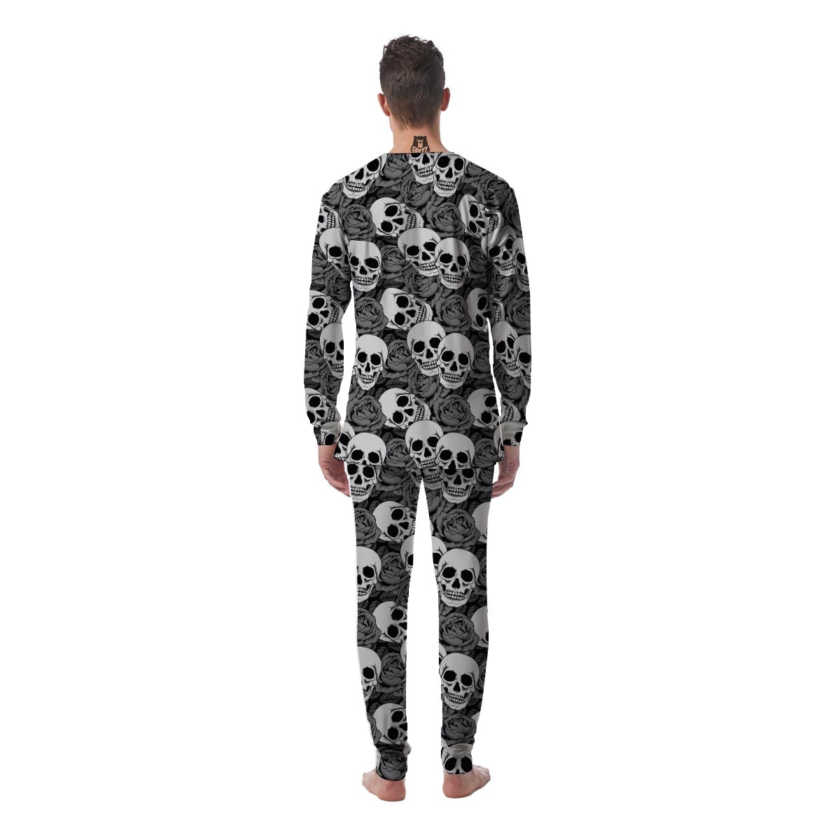 Black And White Rose Floral Skull Men's Pajamas-grizzshop