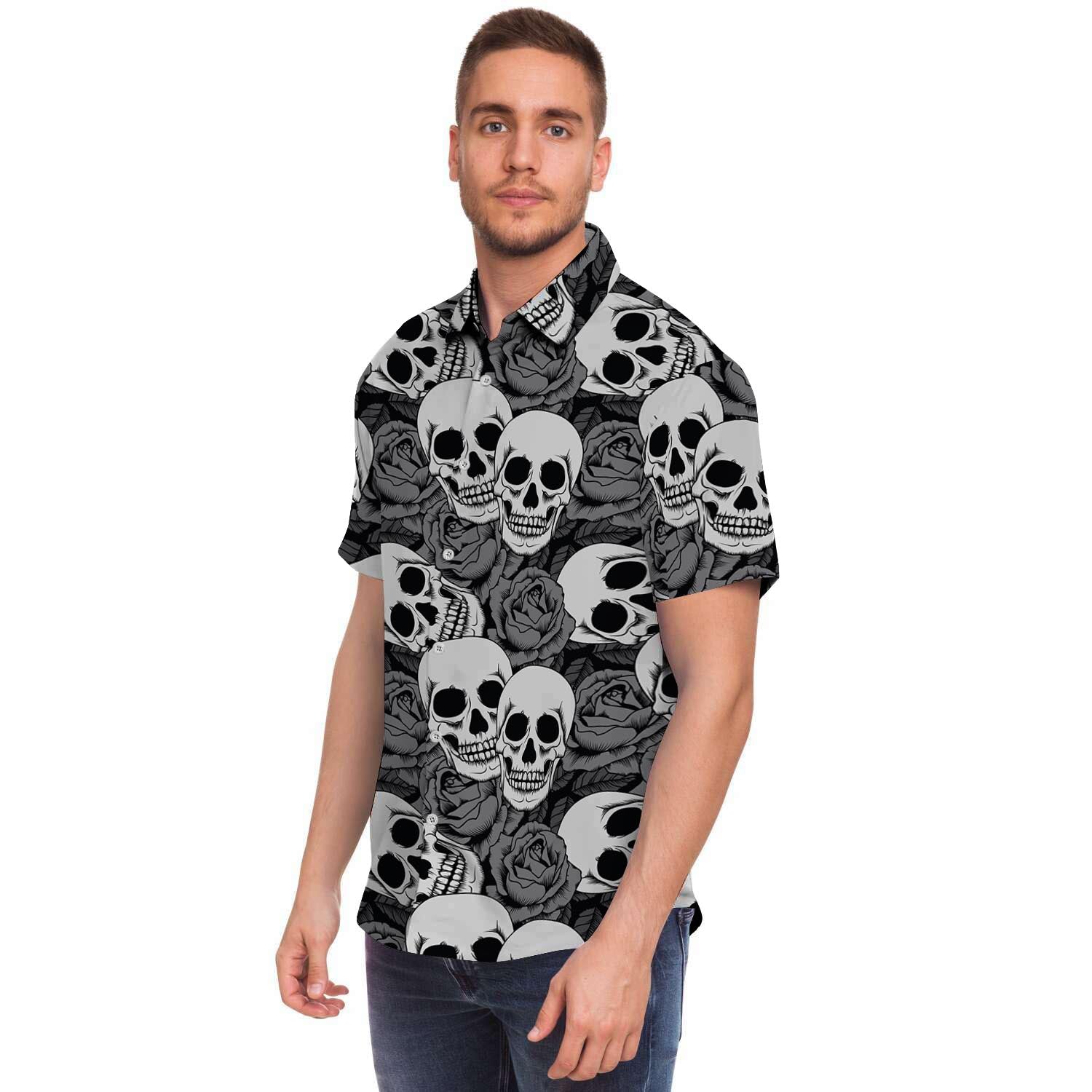 Black And White Rose Floral Skull Men's Short Sleeve Shirt-grizzshop