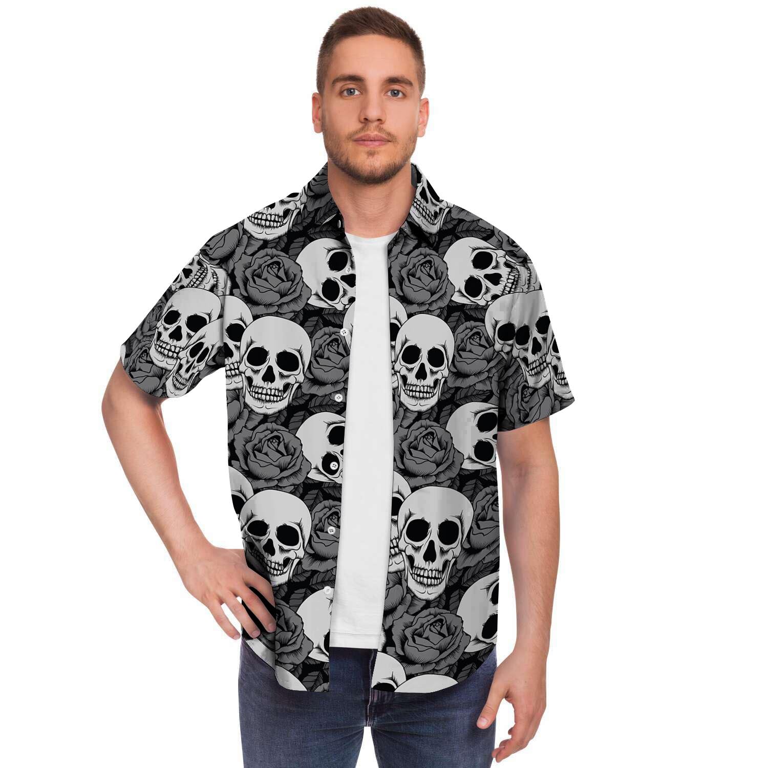 Black And White Rose Floral Skull Men's Short Sleeve Shirt-grizzshop