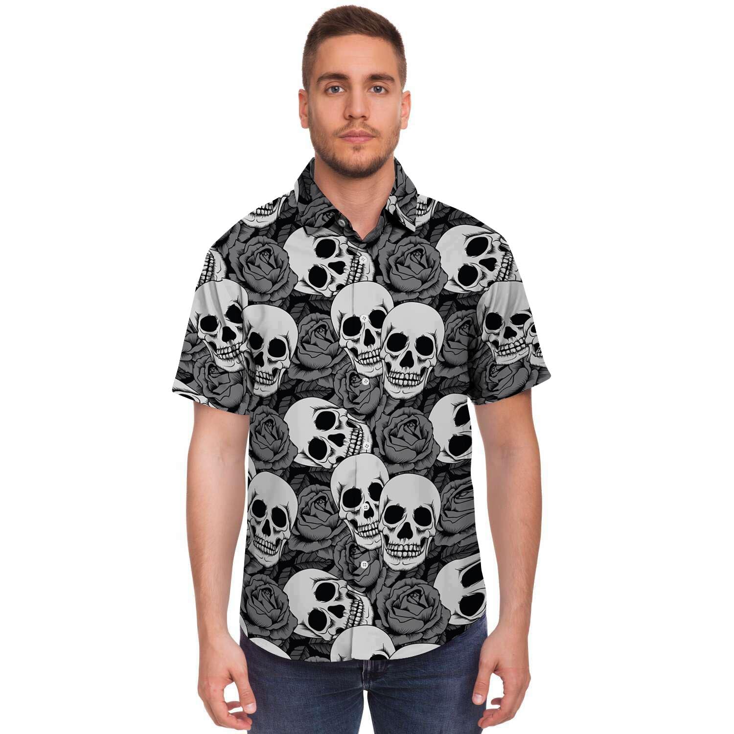 Black And White Rose Floral Skull Men's Short Sleeve Shirt-grizzshop