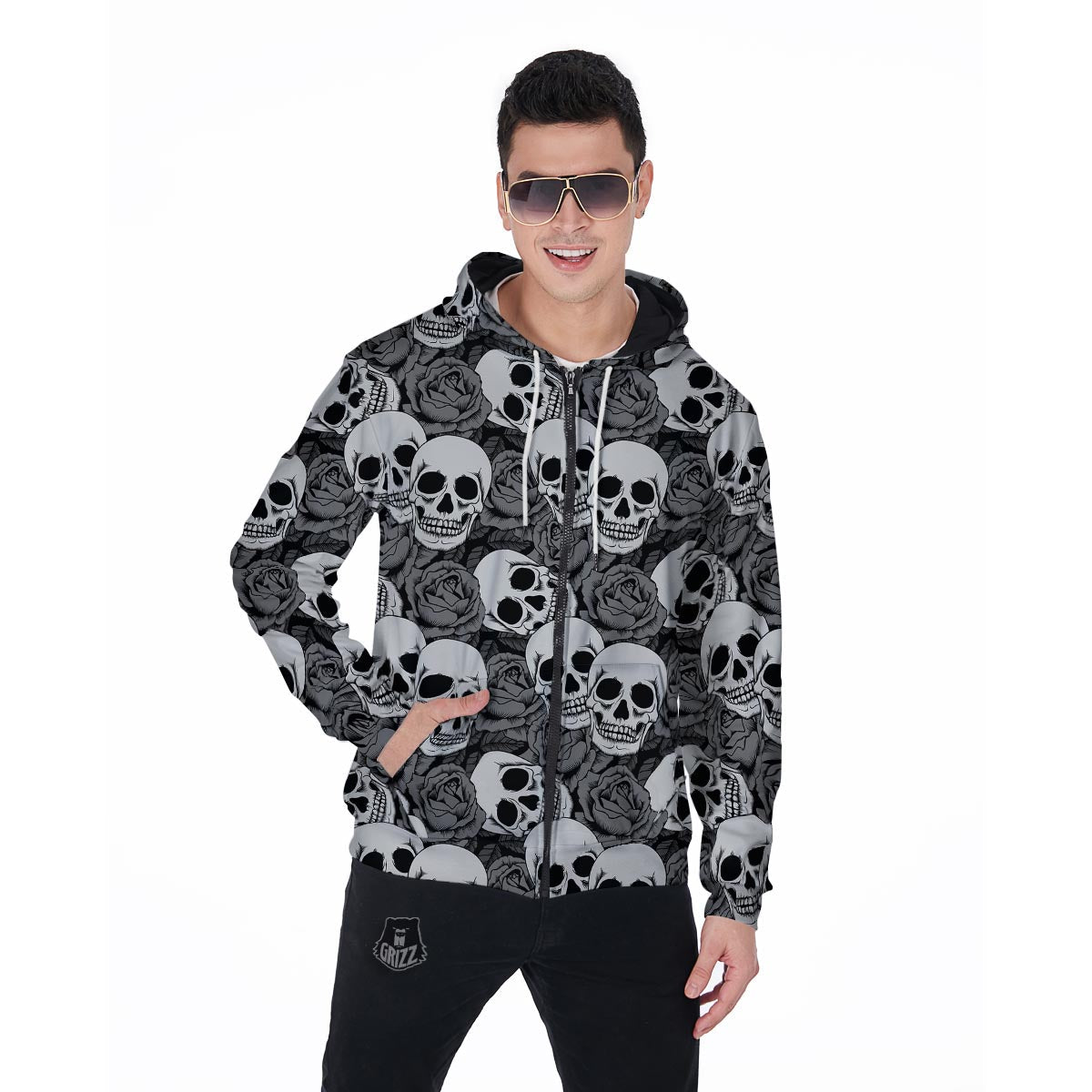 Black And White Rose Floral Skull Men's Zip Up Hoodie-grizzshop