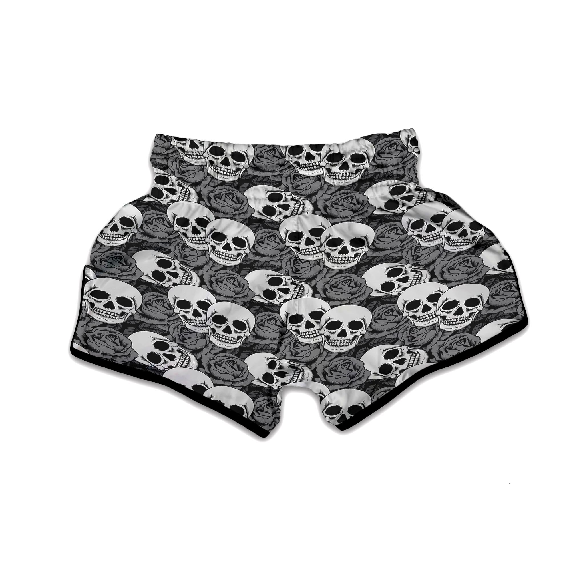 Black And White Rose Floral Skull Muay Thai Boxing Shorts-grizzshop