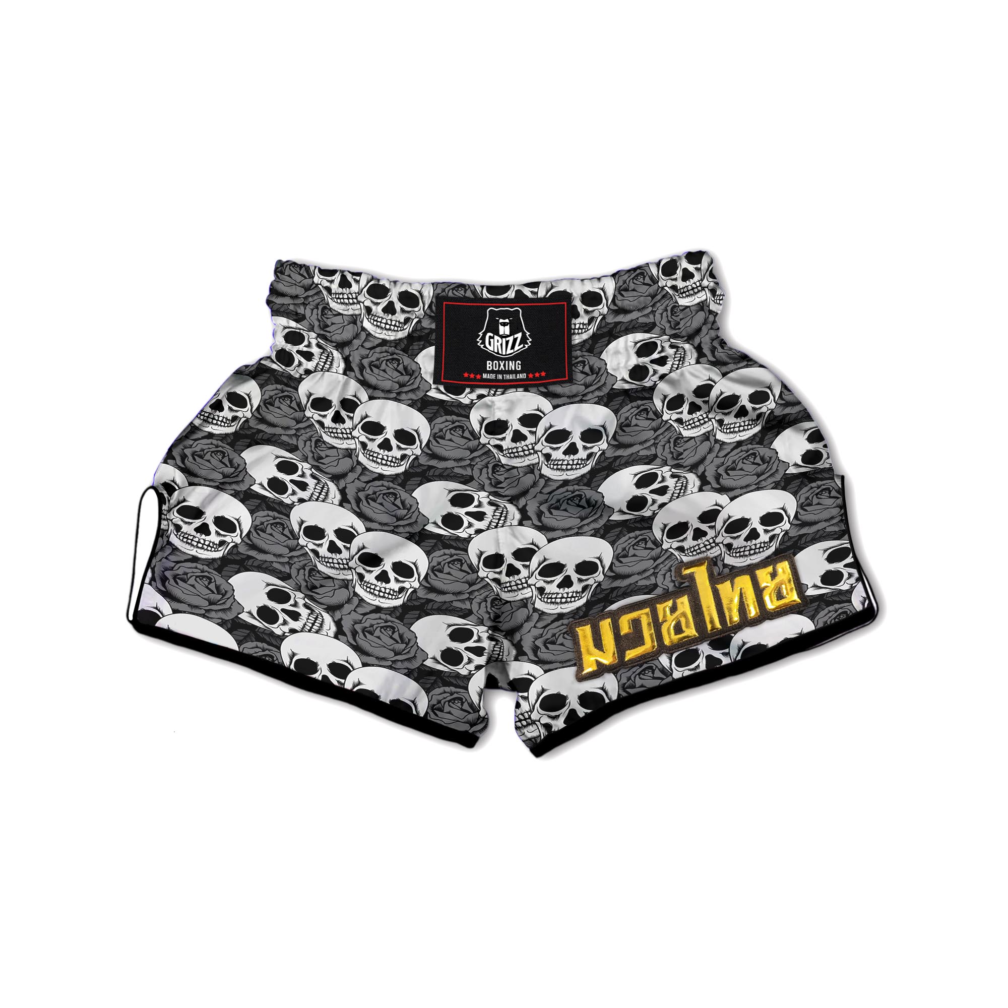 Black And White Rose Floral Skull Muay Thai Boxing Shorts-grizzshop