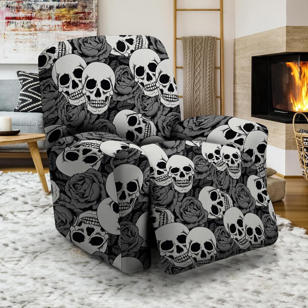 Black And White Rose Floral Skull Recliner Cover-grizzshop