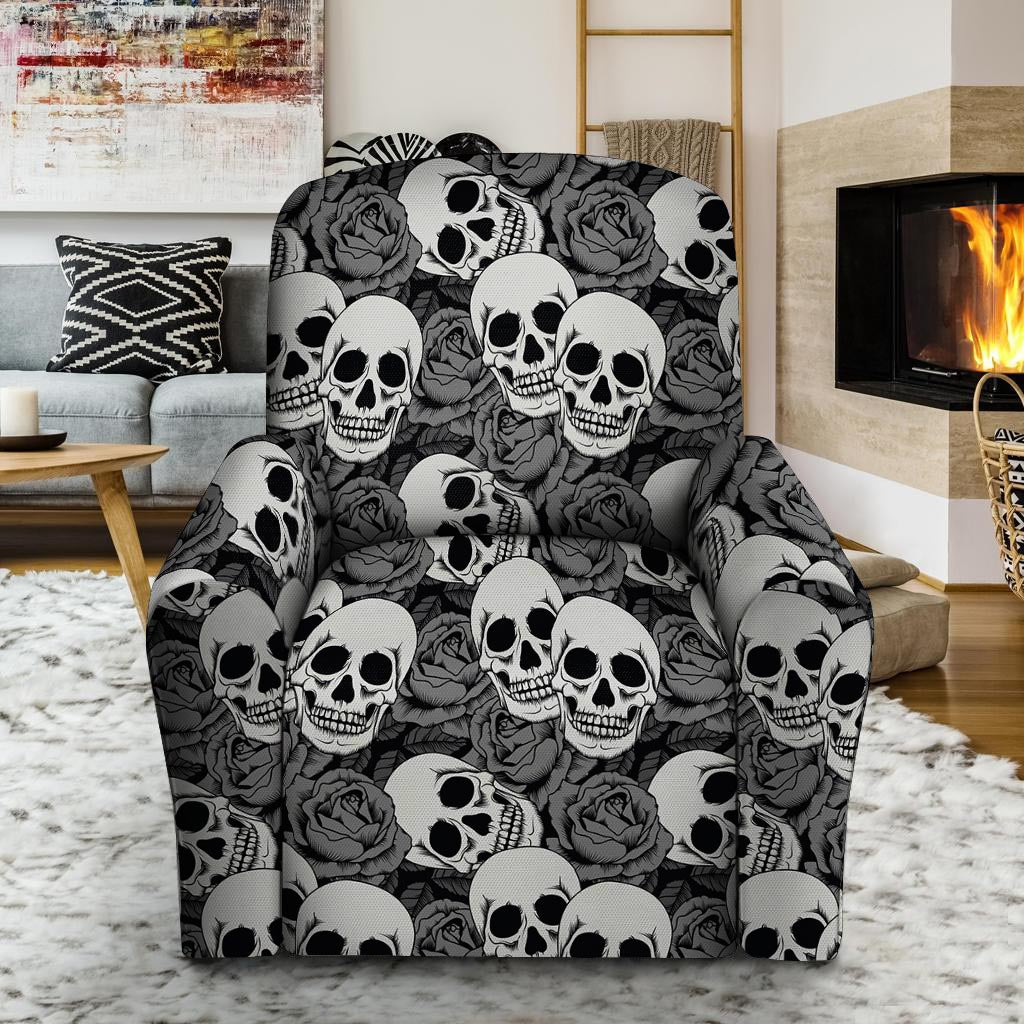 Black And White Rose Floral Skull Recliner Cover-grizzshop