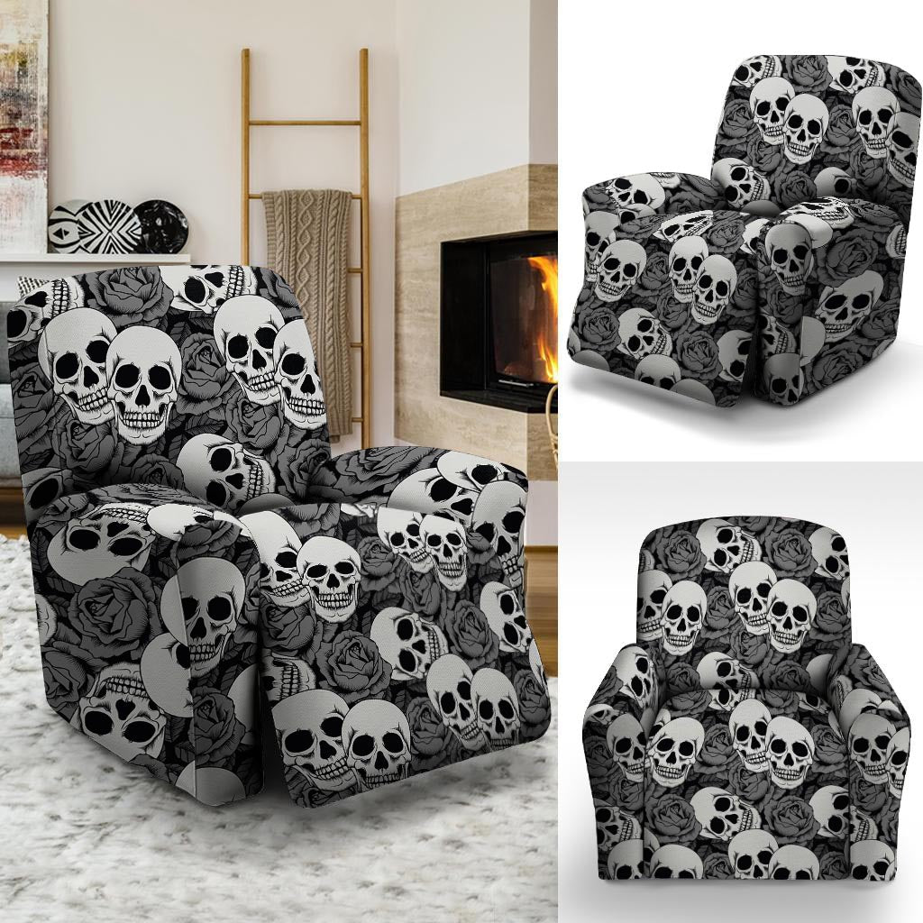 Black And White Rose Floral Skull Recliner Cover-grizzshop