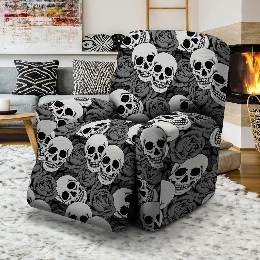 Black And White Rose Floral Skull Recliner Cover-grizzshop