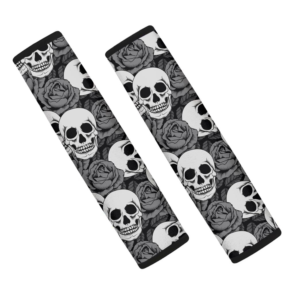 Black And White Rose Floral Skull Seat Belt Cover-grizzshop