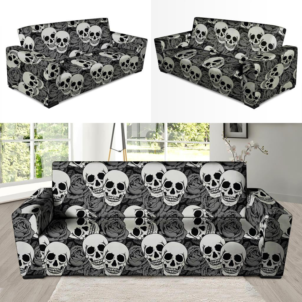 Black And White Rose Floral Skull Sofa Cover-grizzshop